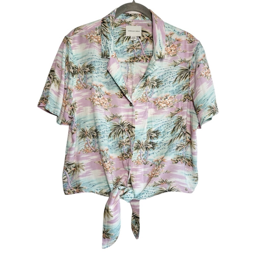 American Eagle Cropped Hawaiian Shirt Purple Blue Tie Front Medium Beach Vacay